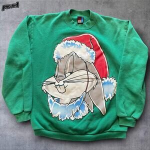 Vintage Looney Tunes Bugs Bunny Sweatshirt Mens Small Green Christmas Santa 90s